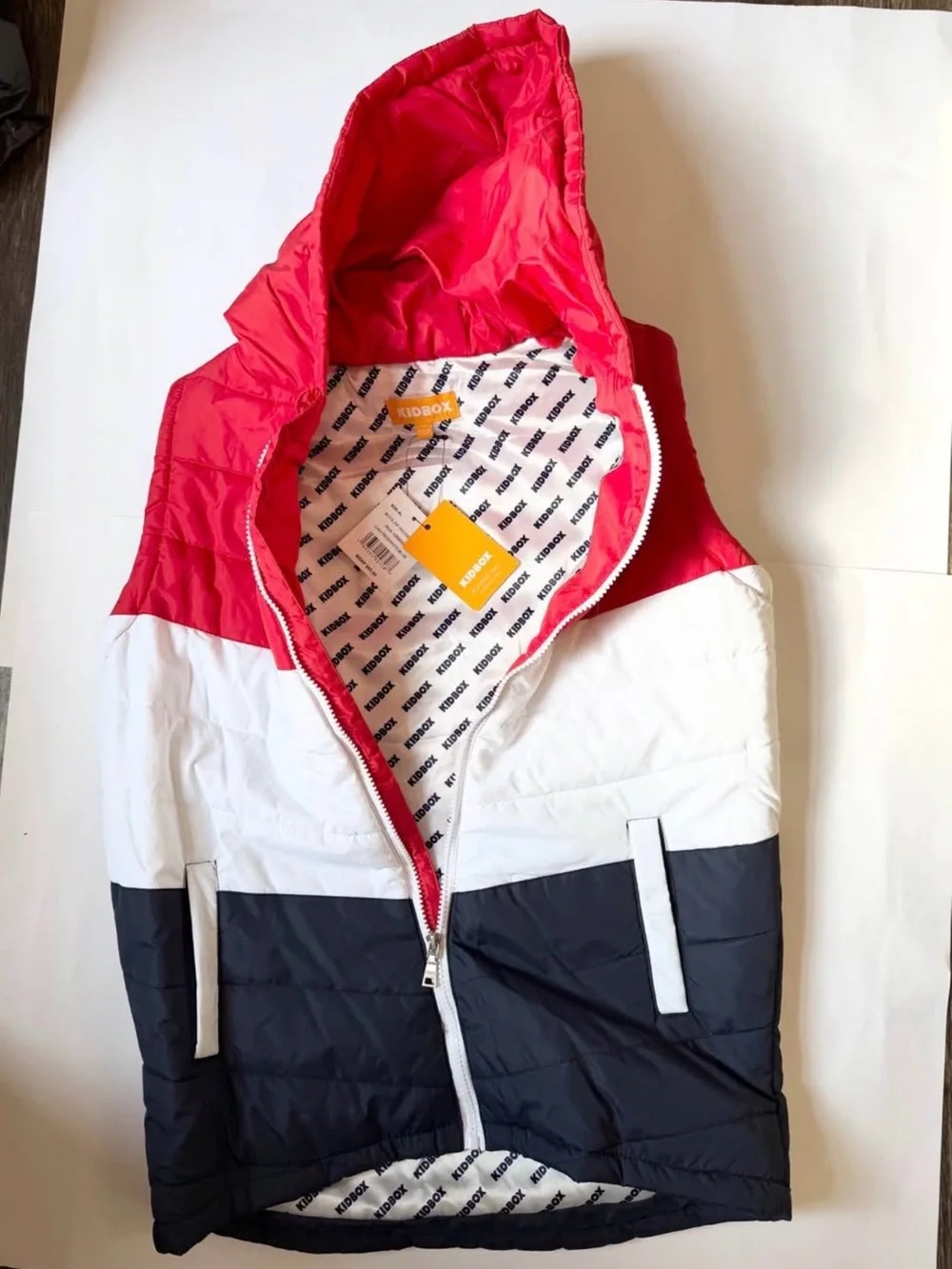 Kids Hooded Colorblock Puffer Vest - Red/White/Navy Boys Size XL